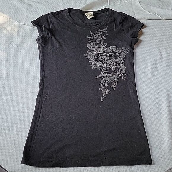 Roxy Black Gray Cap Sleeve Skinny Tee Small EUC - Picture 1 of 8